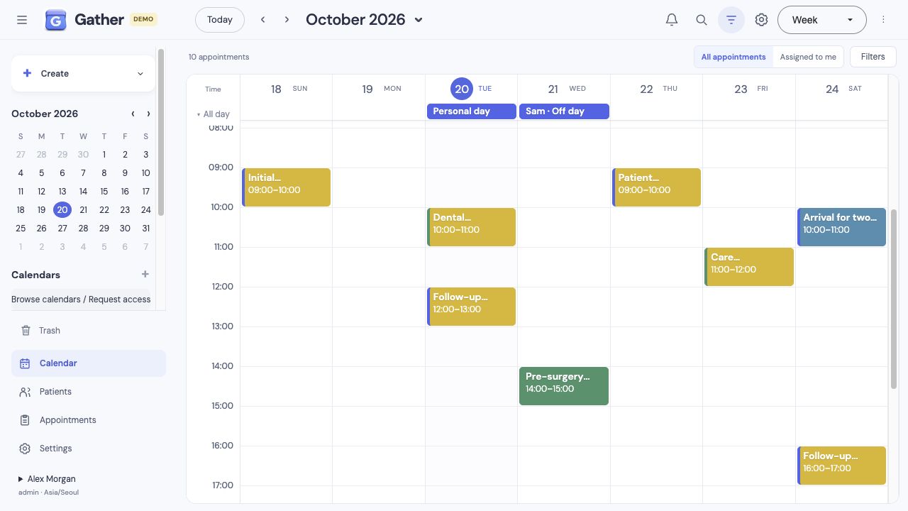 Gather Calendar week view showing fictional team appointments.